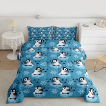 Manfei Kawaii Blue Penguin Full Size Comforter Sets for Kid, Antarctic Wildlife Animal Bedding Comforter Set, Winter Snowflake Bedding Sets, Microfiber Bedroom Decor, 3 Pieces