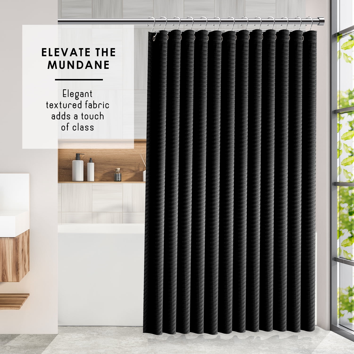 LammaLoe Black Shower Curtain, Waffle Weave Heavy Duty Fabric Shower Curtain, 72” x 72" Hotel Luxury 256 GSM Bathroom Curtains
