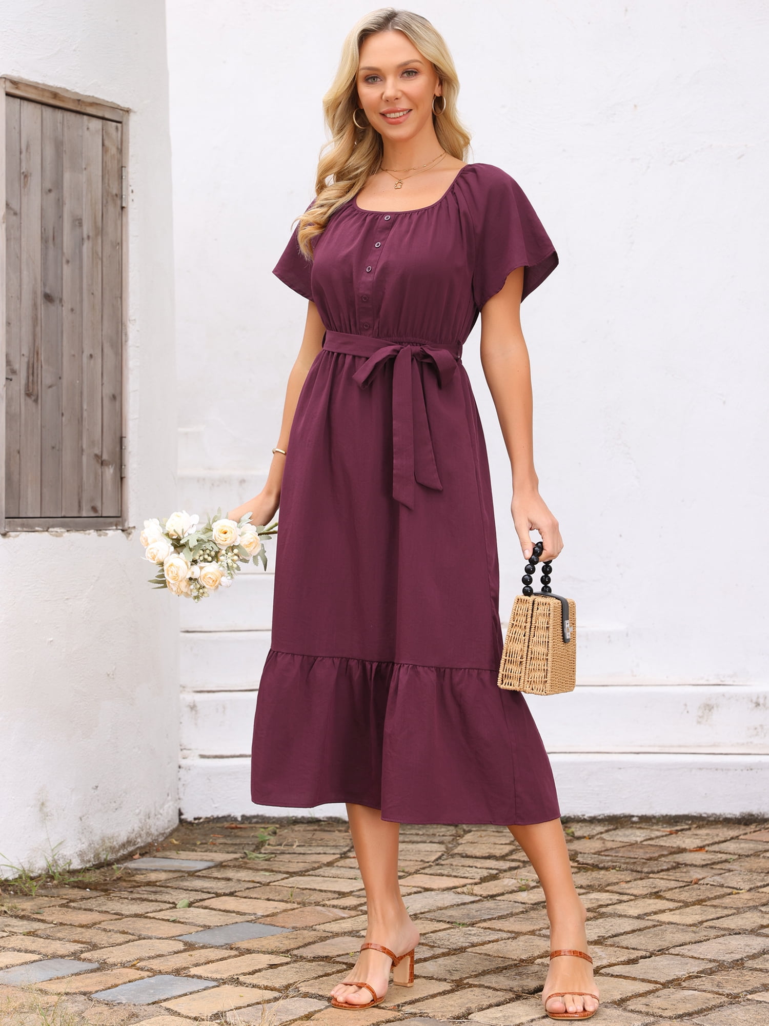 DARING DIVA Women's Flutter Short Sleeve Maxi Dress with Tie Waist XL Wine Red