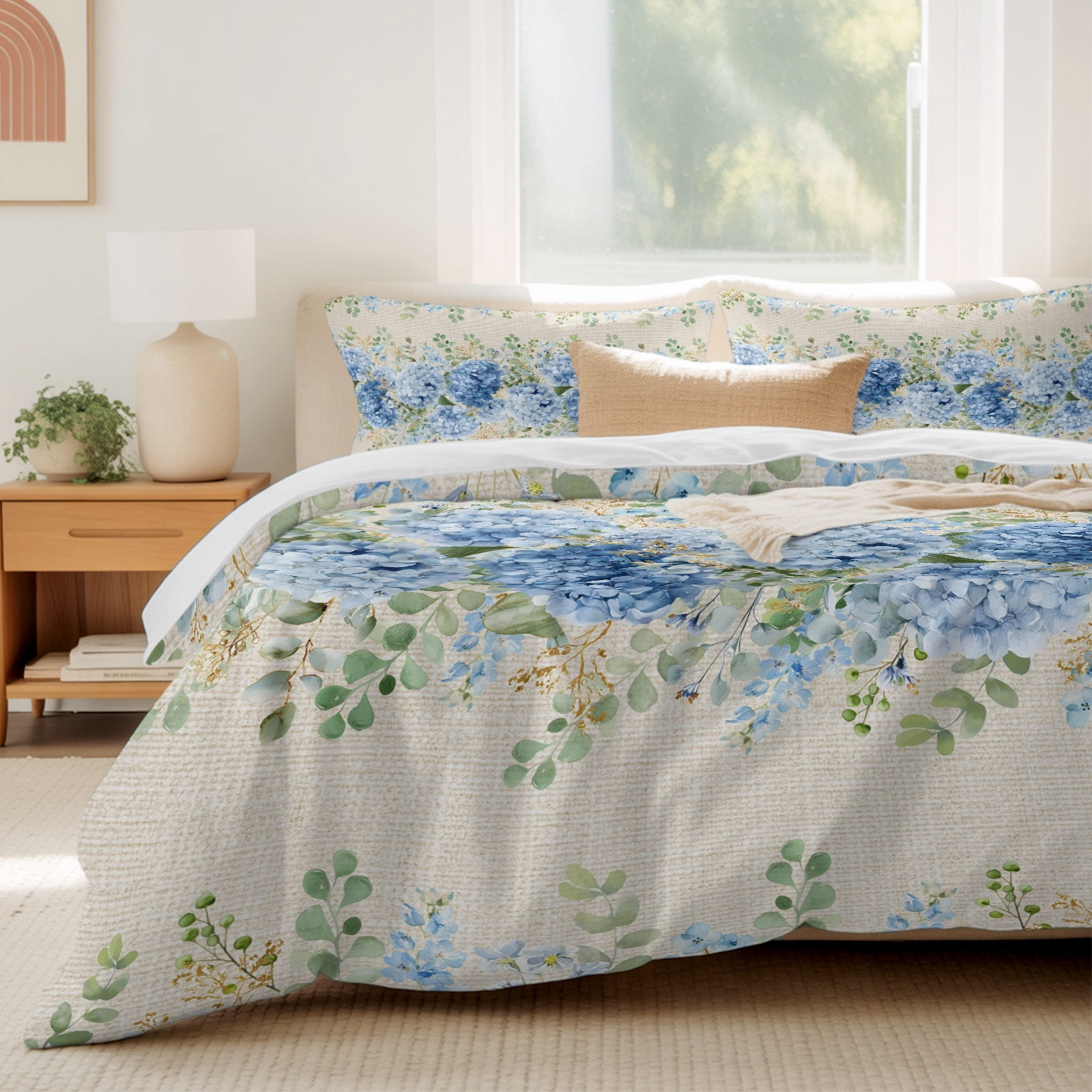 Blue Hydrangea Farm Eucalyptus Queen Size Bed Set,Vintage Linen