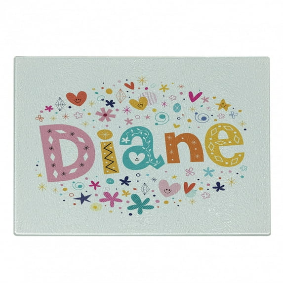 Diane Cutting Board, Arrangement of Letters Girl Name with Geometric Shapes Circles Rhombuses, Decorative Tempered Glass Cutting and Serving Board, Small Size, Multicolor, by Ambesonne