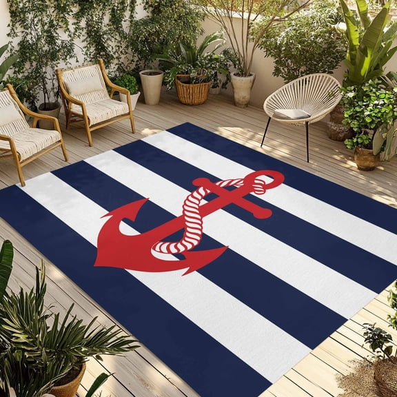 Navy Blue Stripe Nautical Outdoor Rug 3x5 Ft - Reversible Patio Rug Outdoor Camping Rugs, Red Anchor Summer Coastal Washable Indoor Outdoor Area Rugs, Non-Slip Outdoor Carpet Runner for Deck/Porch