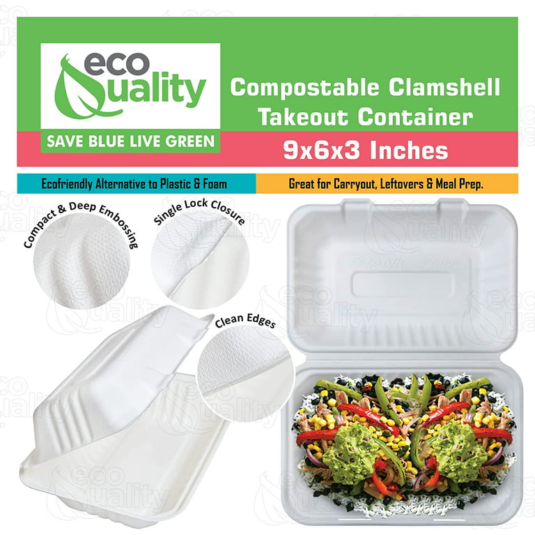 Compostable 2 Compartment Square Hinged Clamshell Take Out Food Containers  9x6x3 - Heavy Duty Quality Disposable to go Containers, Eco-Friendly ,  Bagasse Fiber Containers with Lids (50) 