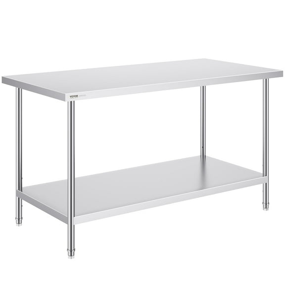 VEVOR Stainless Steel Prep Table, 30 x 60 x 34 Inch, 910 lbs Load Capacity, Heavy Duty Metal Worktable with 3 Adjustable Height Levels, Commercial Workstation for Kitchen Garage Restaurant Backyard