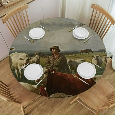 

Patifu Cows Sheep Man Round Table Cover Stain Resistant Washable Indoor Outdoor Tablecloth Kitchen Dining Wedding Parties Table Cloth 100% Polyester Fiber 42-46