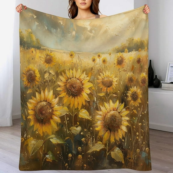 Nature Sunflower Meadow Sunshine Sunset Throw Blanket for Winter Bedding Couch And Gift 50"x60" Landscape A Golden Yellow Field Velvet Flannel Blanket Flannel Winter Blanket