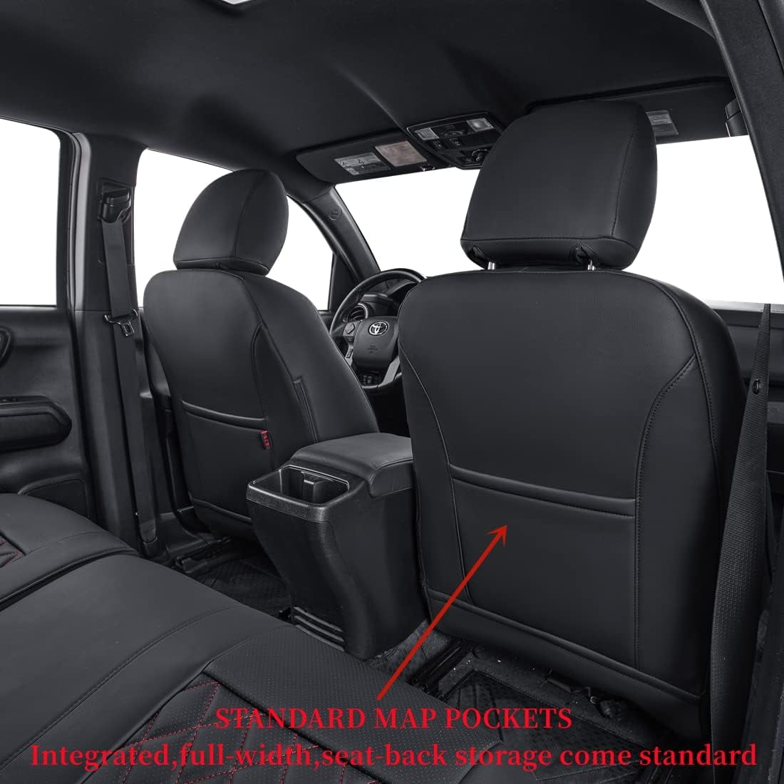 coverdream 2nd Gen Tacoma Seat Covers Custom Fit for 2012-2015 Toyota Tacoma Double Cab/Crew Cab Base (Regular Seats) - Breathable Leather (Full Set, Black/Red)