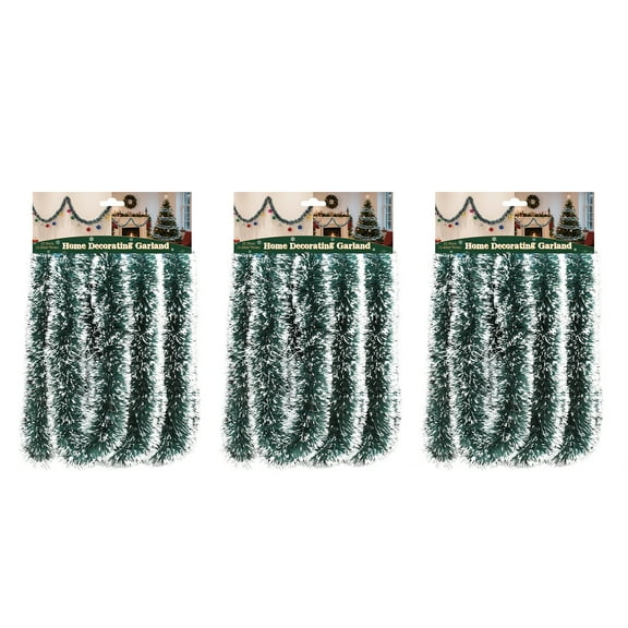 3PK 15FT Christmas Tinsel Garland - Shiny Metallic Twist for Holiday Decor (Green & Silver)