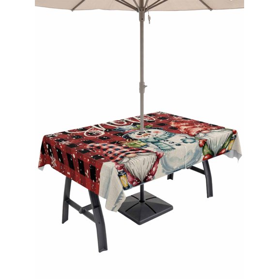 Outdoor Tablecloth with Umbrella Hole and Zipper, Christmas Snowman Rectangle Table Cloth 60x84 Inch Waterproof Tablecloth, Red Gnomes Snow Buffalo Plaid Picnic Table Cover for Patio Camping