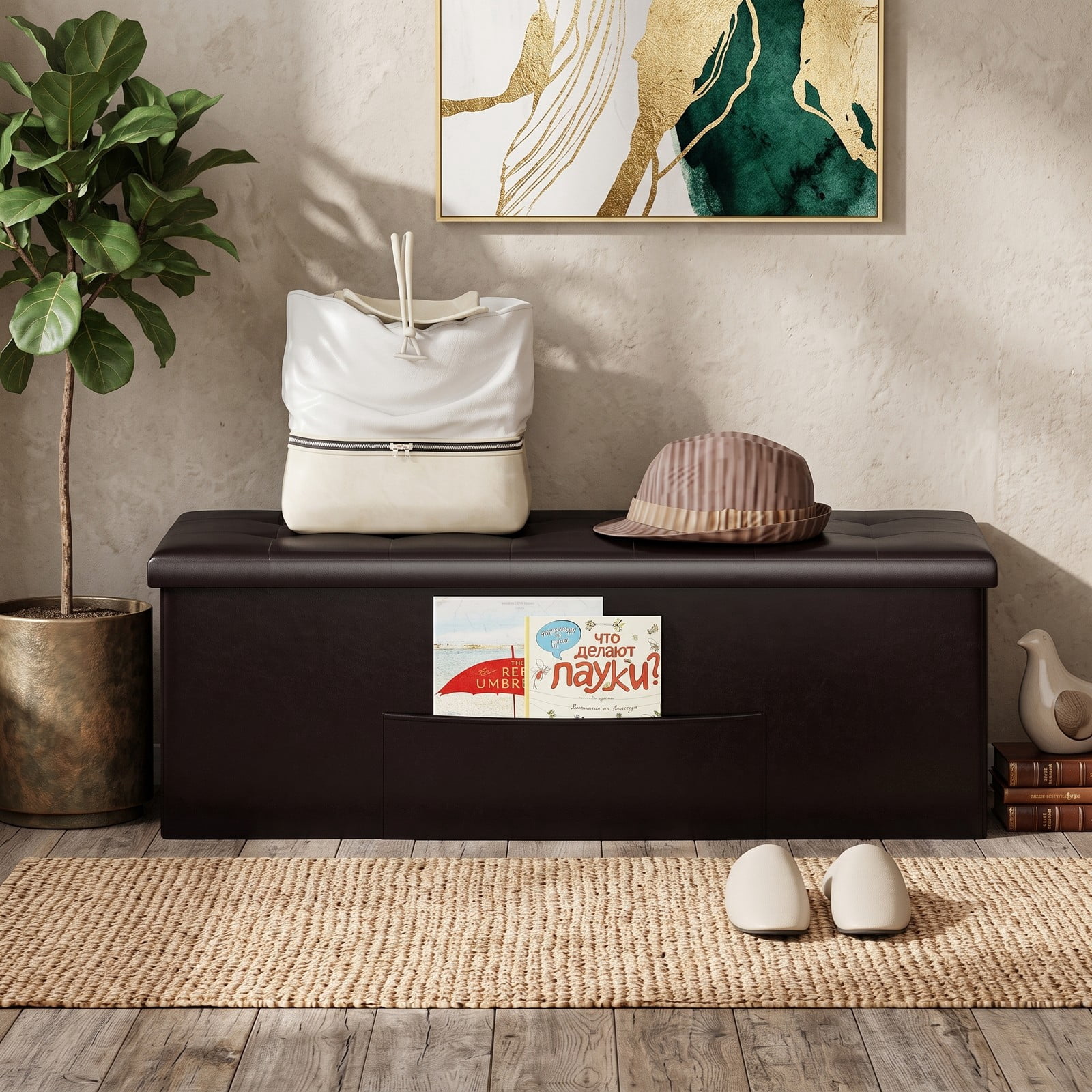Furnibear 43 Inch Folding PU Leather Storage Ottoman Bench with Divider and Side Pocket for Living Room, Bedroom and Entryway, Brown