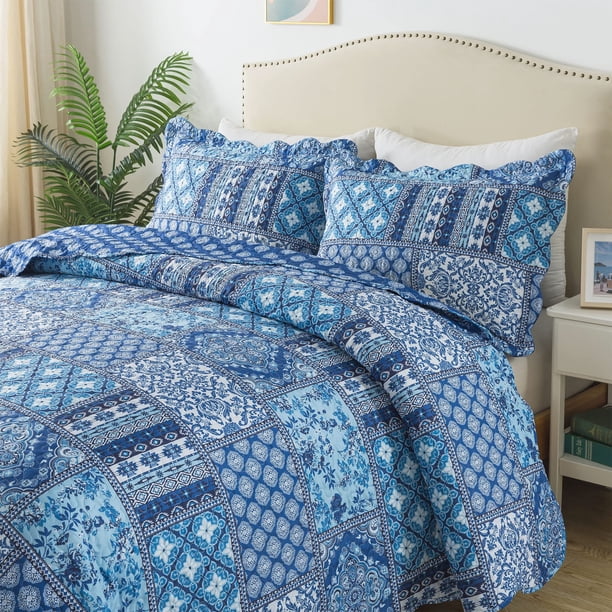 Honeilife Juego De Ropa De Cama King – 3 Piezas, Juego De Edredón Rústico, Colchas De Microfibra, Colchas Florales, Funda De Cama Retro Para Todas Las Estaciones, Color Azul