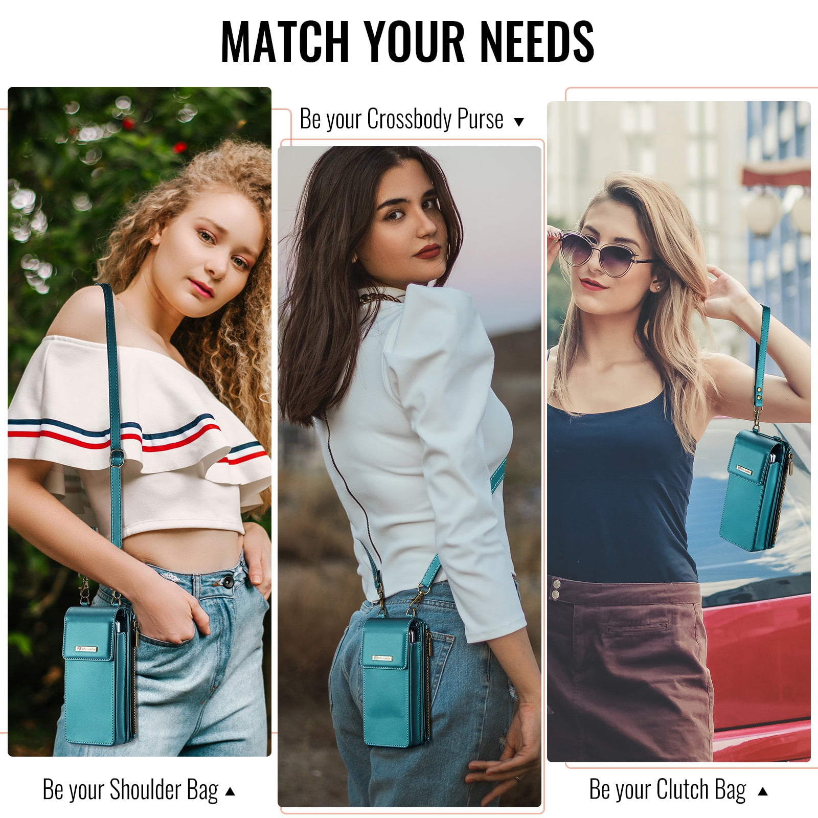 Crossbody Phone Bag Purse Wallet Case for iPhone/Galaxy/Pixel Series Cell Phones (Less Than or Equal to 7.6"), with Shoulder/Wrist Strap Lanyard, RFID Blocking Card Slots, PU Leather Bag, Green