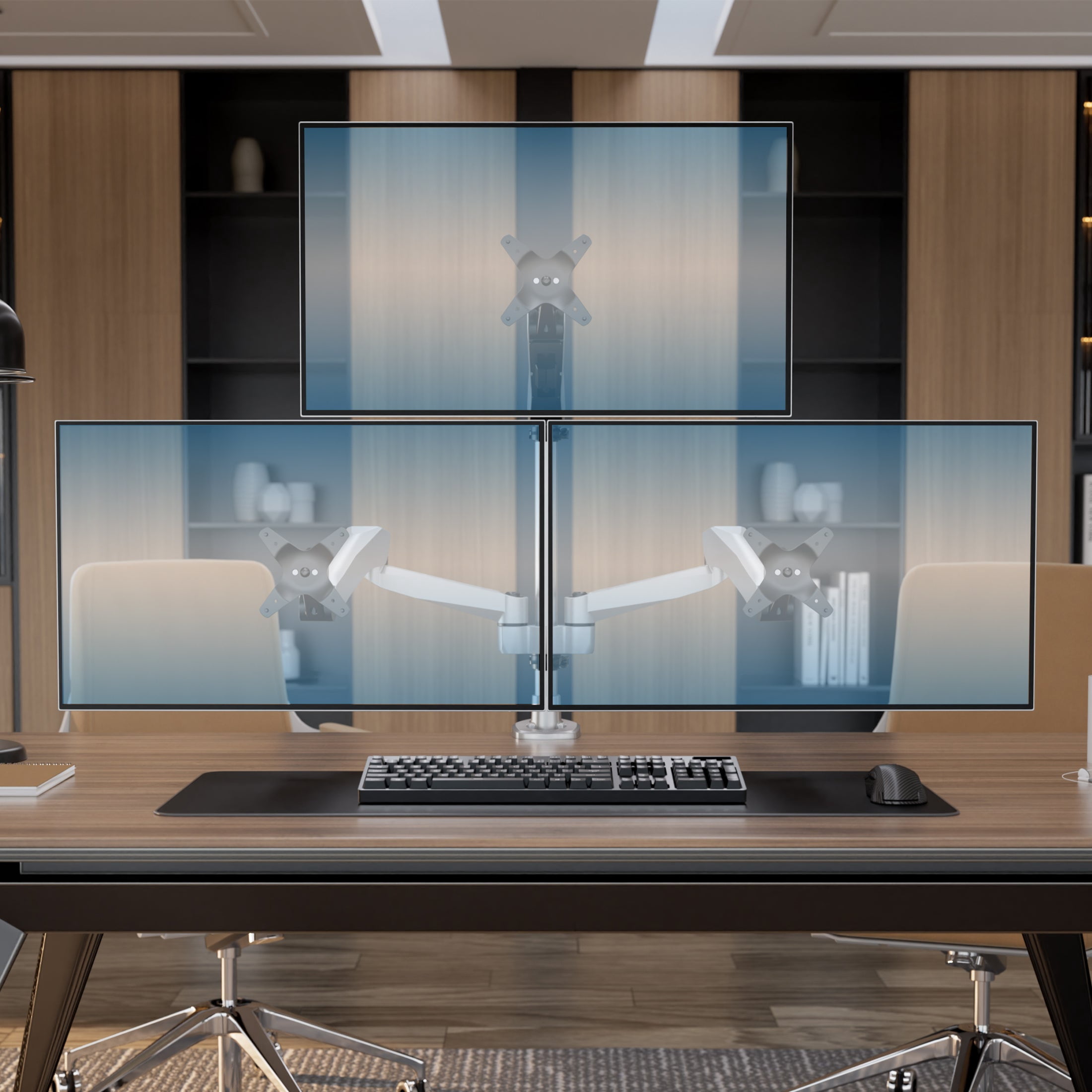 CLiX Series Full Motion Triple Pyramid Monitor Desk Mount with Gas Spring Arms