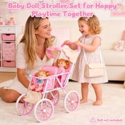 Chuvikid Baby Doll Double Stroller with Two-Seat,Sunshade Roof,All-Terrain Wheels,Best for Toddler Pretend Play Girls Party Gift Aged 3-12