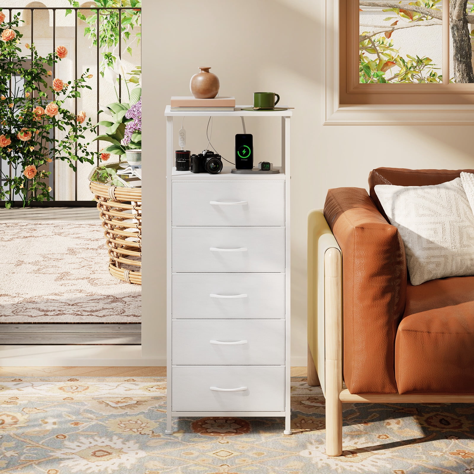 Eunos White Dresser for Bedroom, 5 Drawer Nightstand with Charging Station, LED and Open Shelf