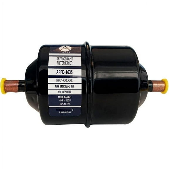 Appli Parts APFD-163S 3/8 in Liquid Line Refrigerant AC Filter Drier hvac Refrigeration 163S ODF Sweat Solder connection universal unidirectional 7in long 3in wide