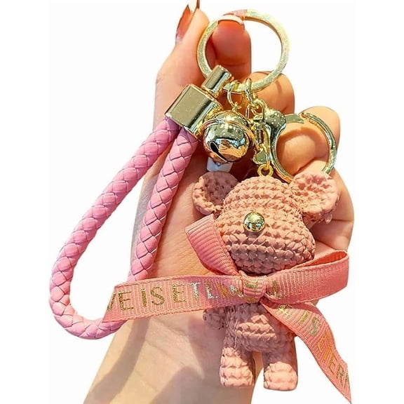 Keychain Bear Bag Charm, Cute Bow Bear Pink Key Chain Animal Pendant Key Ring Backpack Bag Purse Accessories (Pink Keychain)