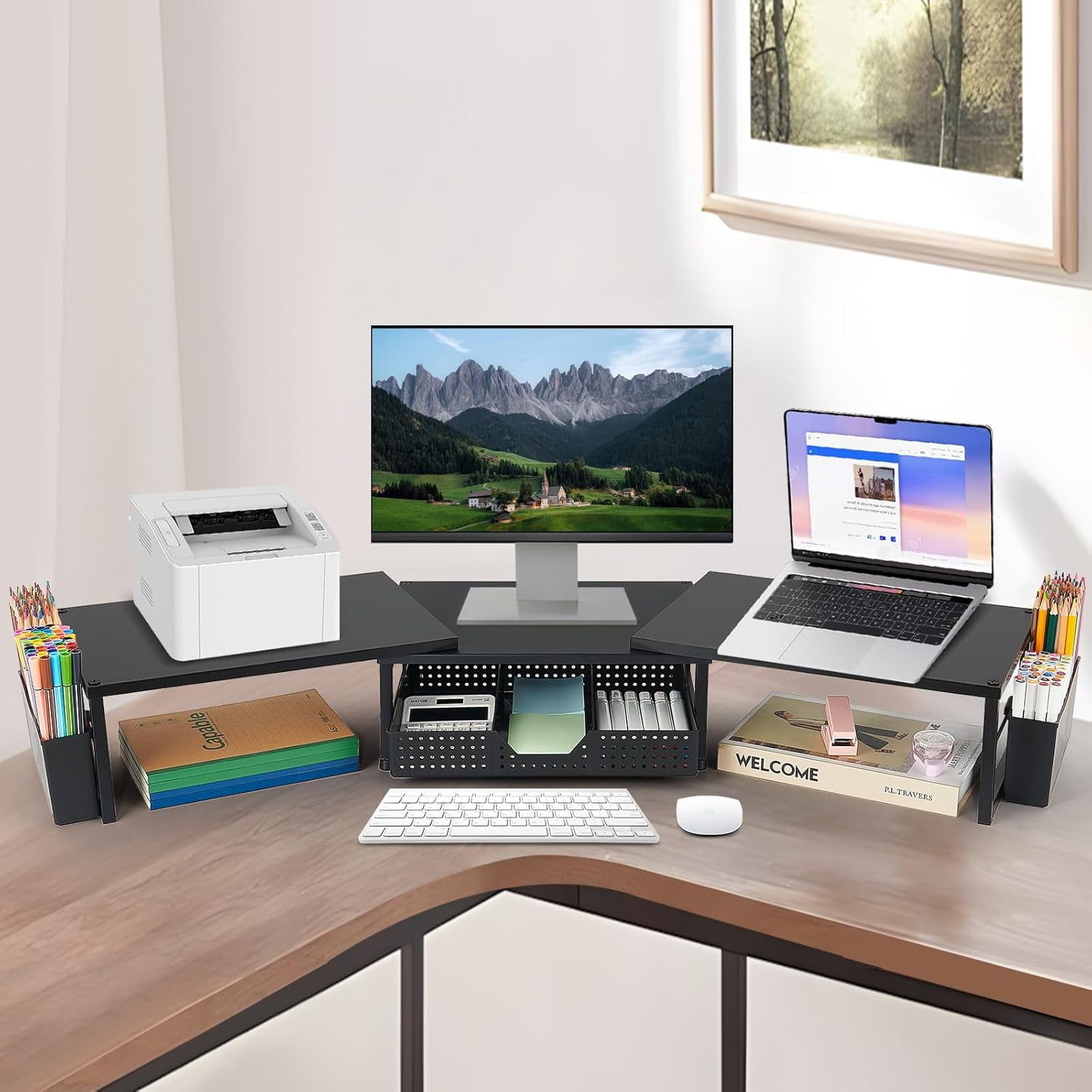 Dual Monitor Stand Riser with Drawer and Pen Holders, Metal Desk Shelf Organizer for Office Workspace, Green Desktop Storage