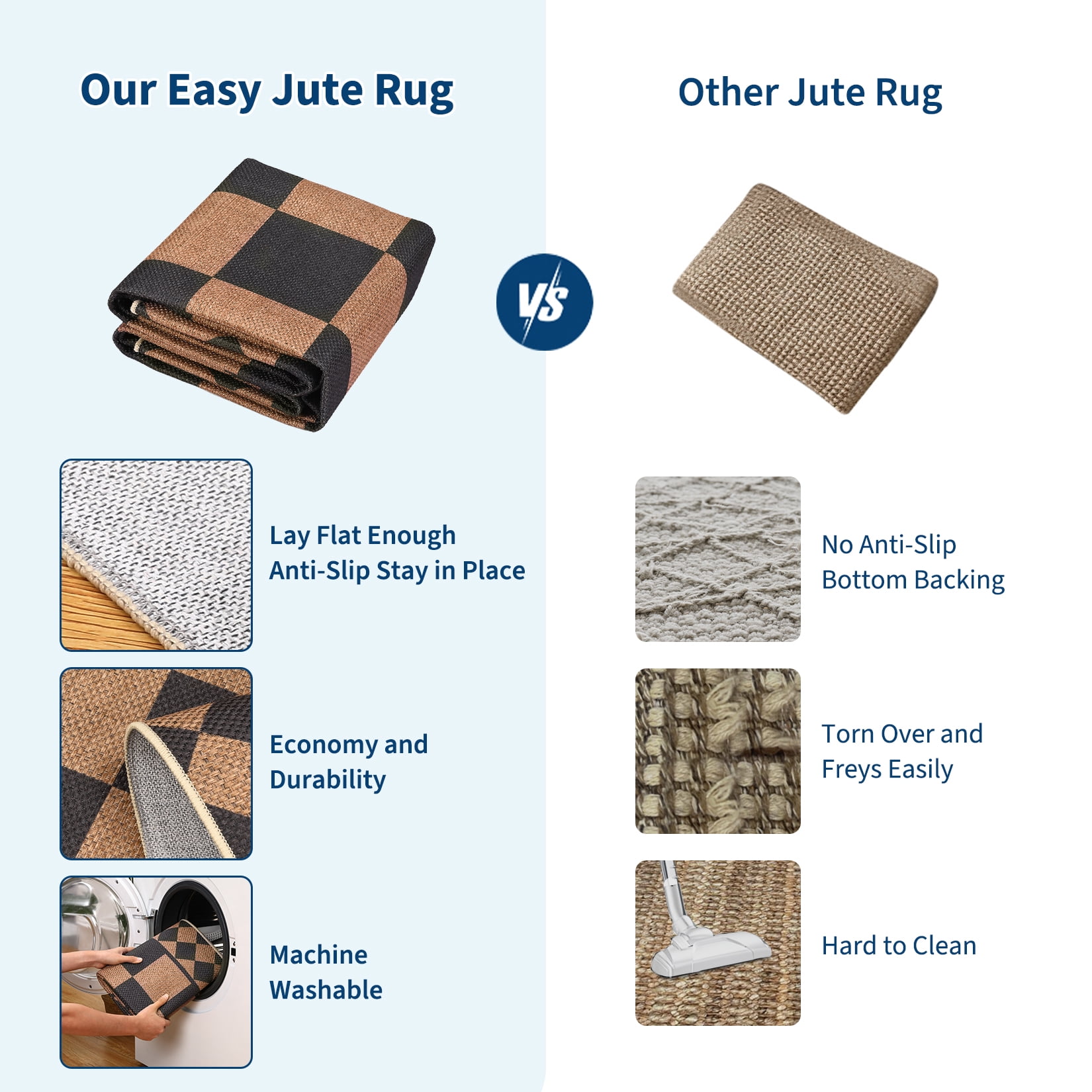 Large Rug for Bedroom 8x10 Non-Slip Indoor Outdoor Easy Jute Rug, Stain-Resistant Checkered Accent Carpet, Washable Geometric Floor Cover for Backyard, Living Room, Black Brown