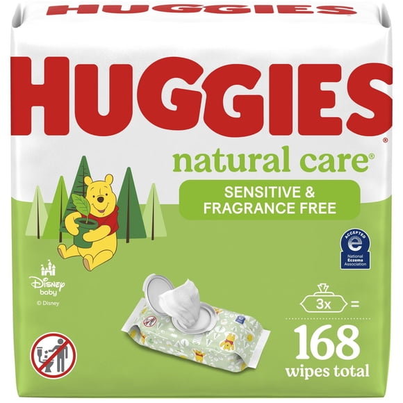 Baby Wipes, Huggies Natural Care Sensitive, UNSCENTED, 3 Flip Top Packs, 168 Wipes