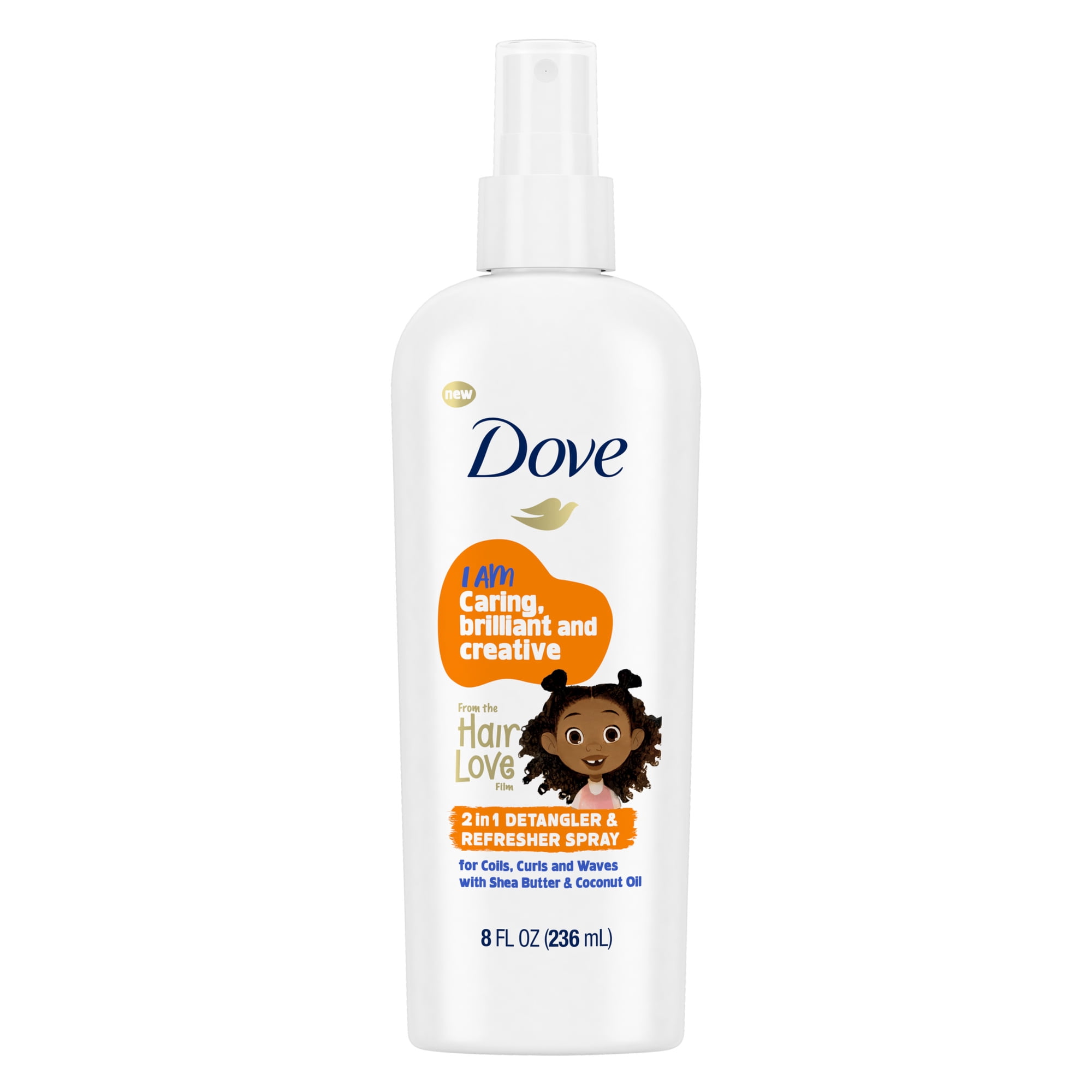 Dove Kids Care 2-in-1 Detangler & Refresher Spray for Coils, Curls and Waves Hair Love Kids Hair Care Infused with Coconut Oil and Shea Butter, 8 fl oz