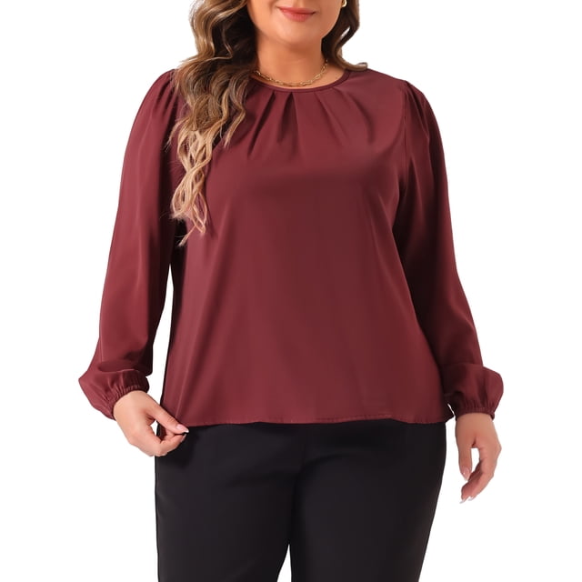 Blusas de trabajo de manga larga con cuello redondo plisadas para mujeres de tallas grandes Agnes Orinda 3X color burdeos