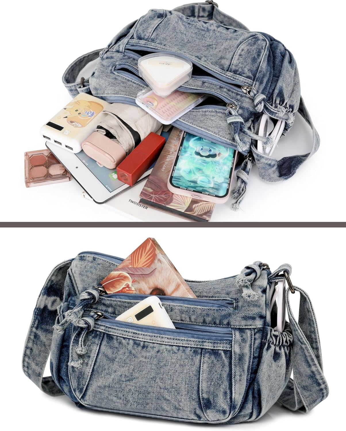Denim Crossbody Shoulder Bag for Women Vintage Jean Casual Purse with Adjustable Strap