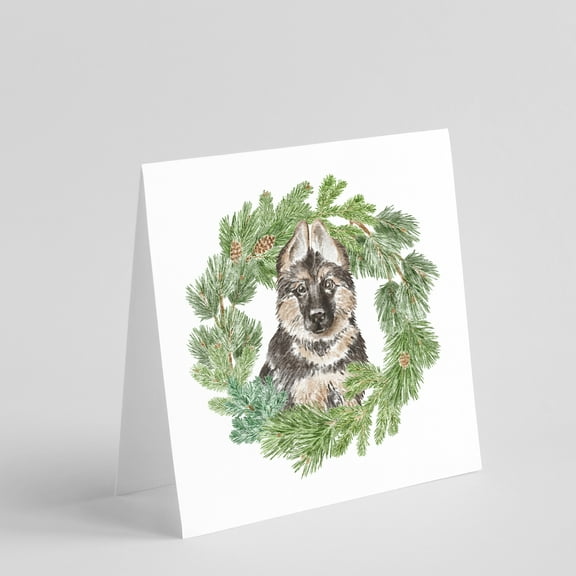 German Shepherd Puppy with Christmas Wreath Square Greeting Cards and Envelopes Pack of 8 5 in x 5 in