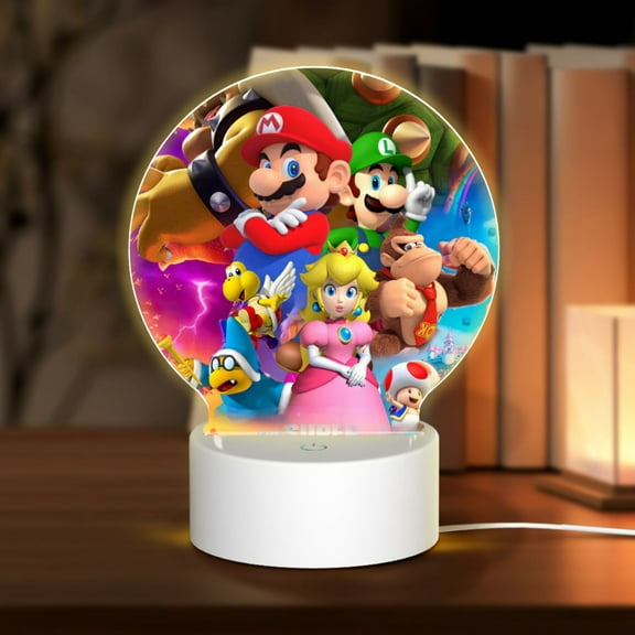 Super Mario Bros Luigi Movie Round Acrylic Night Light Decoration USB Cable LED Lamp Base with Touch Control Adjustable 3 Light Modes Nightlight Decor