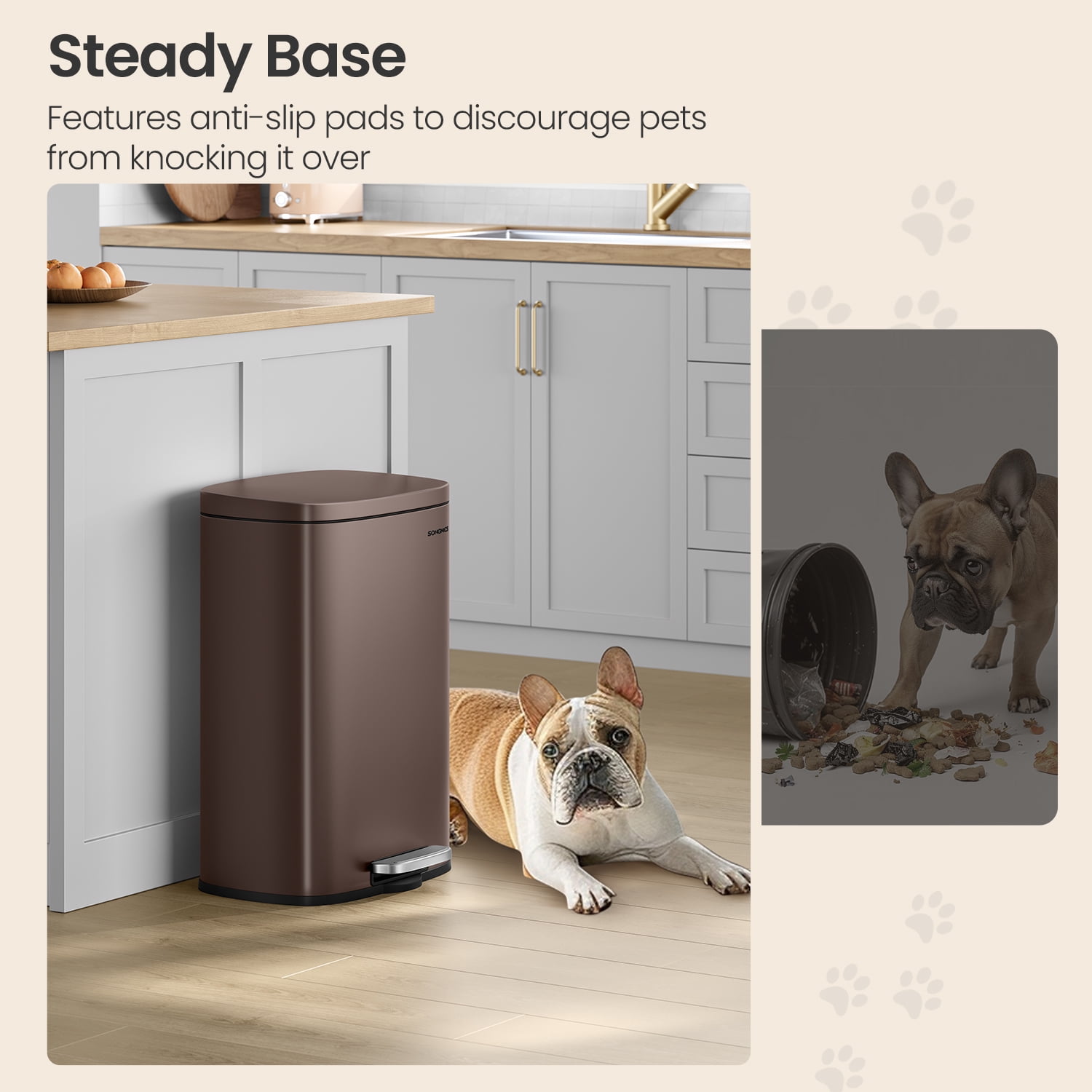 LEDREM Stainless Steel 13 Gallon Step Trash Can , Soft-Close Lid with Inner Bucket , Kitchen & Office Bin ,Brown