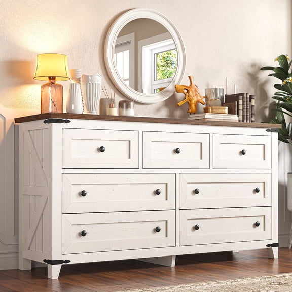 melmine Farmhouse 7 Drawer Dresser for Bedroom, Wood Chest of Drawers with Wide Storage Top, Rustic Storage Cabinet for Living Room and Hallway,White