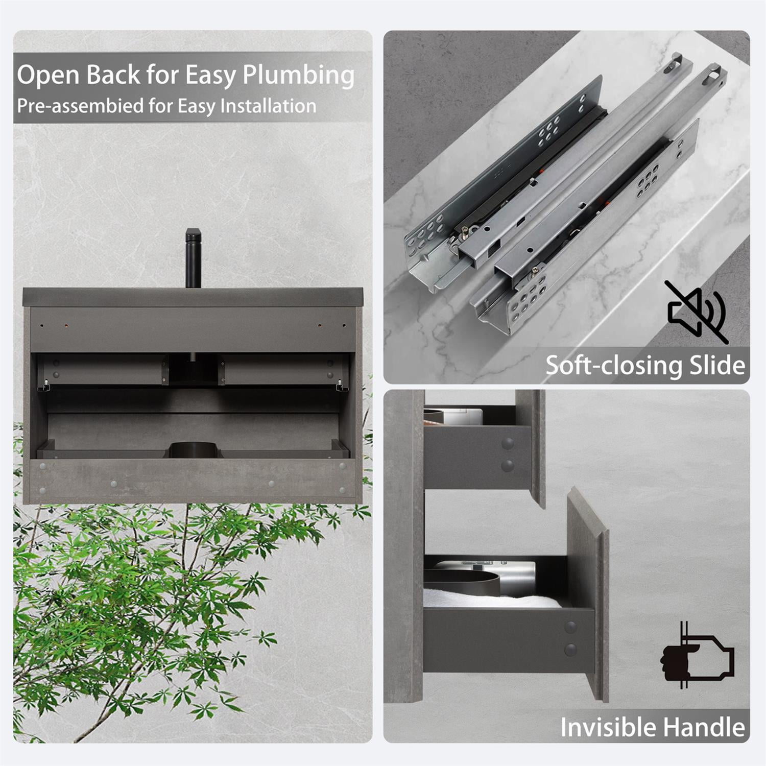 Demi Bonn 35" Floating Bathroom Vanity with Sink, Black Quartz Sand Top Basin and 2 Soft Close Drawers, Faucets and Drains Not Included, Gray