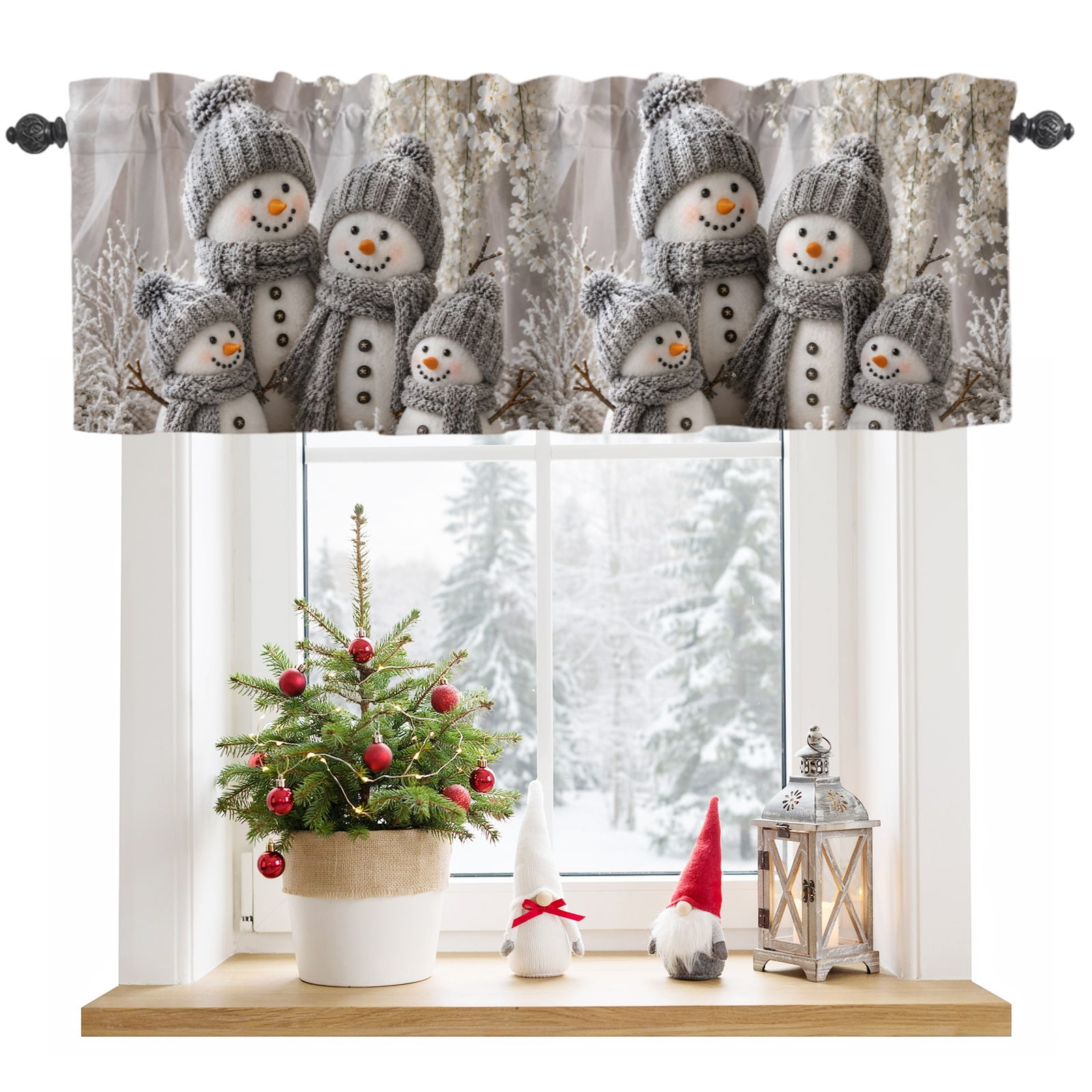 Christmas Winter Valance Curtain Rustic Snowman Family Gray Knitted Hat Snowflake Window Valances Rod Pocket Short Curtains Window Treatments for Kitchen Bedroom Bathroom Laundry 42 x 12