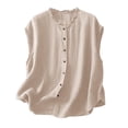 thumbnail image 4 of YueHuiYing Women's Solid Color Cotton Linen Ruffled Crew Neck Button Front Short Sleeve Top For Casual Daily Wear And Summer Outings, 4 of 5