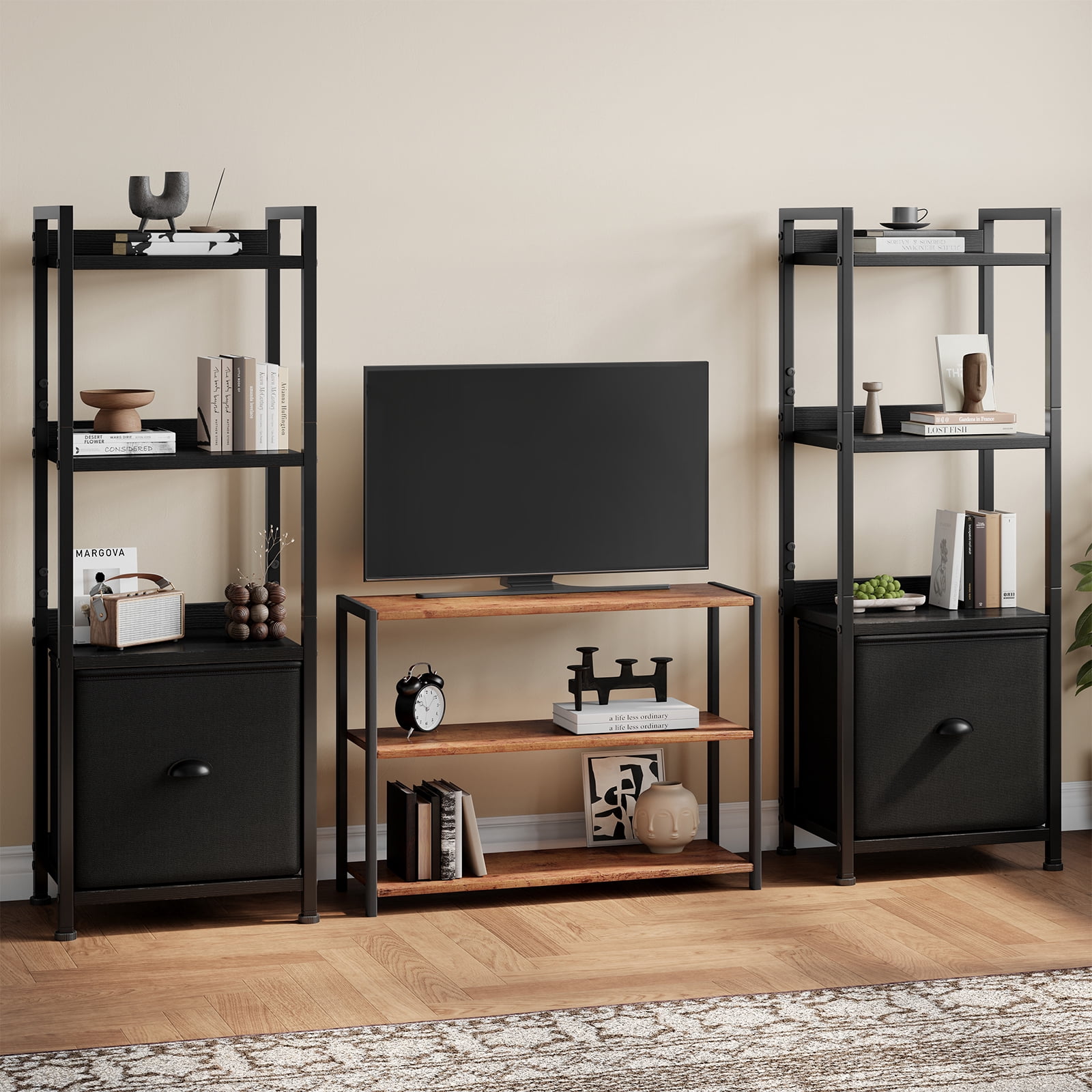 CONCETTA 4 Tier Bookshelf with Drawer, Tall Narrow Bookcase with Shelves, Wood and Metal Storage Organizer for Bedroom, Living Room, Rustic Brown