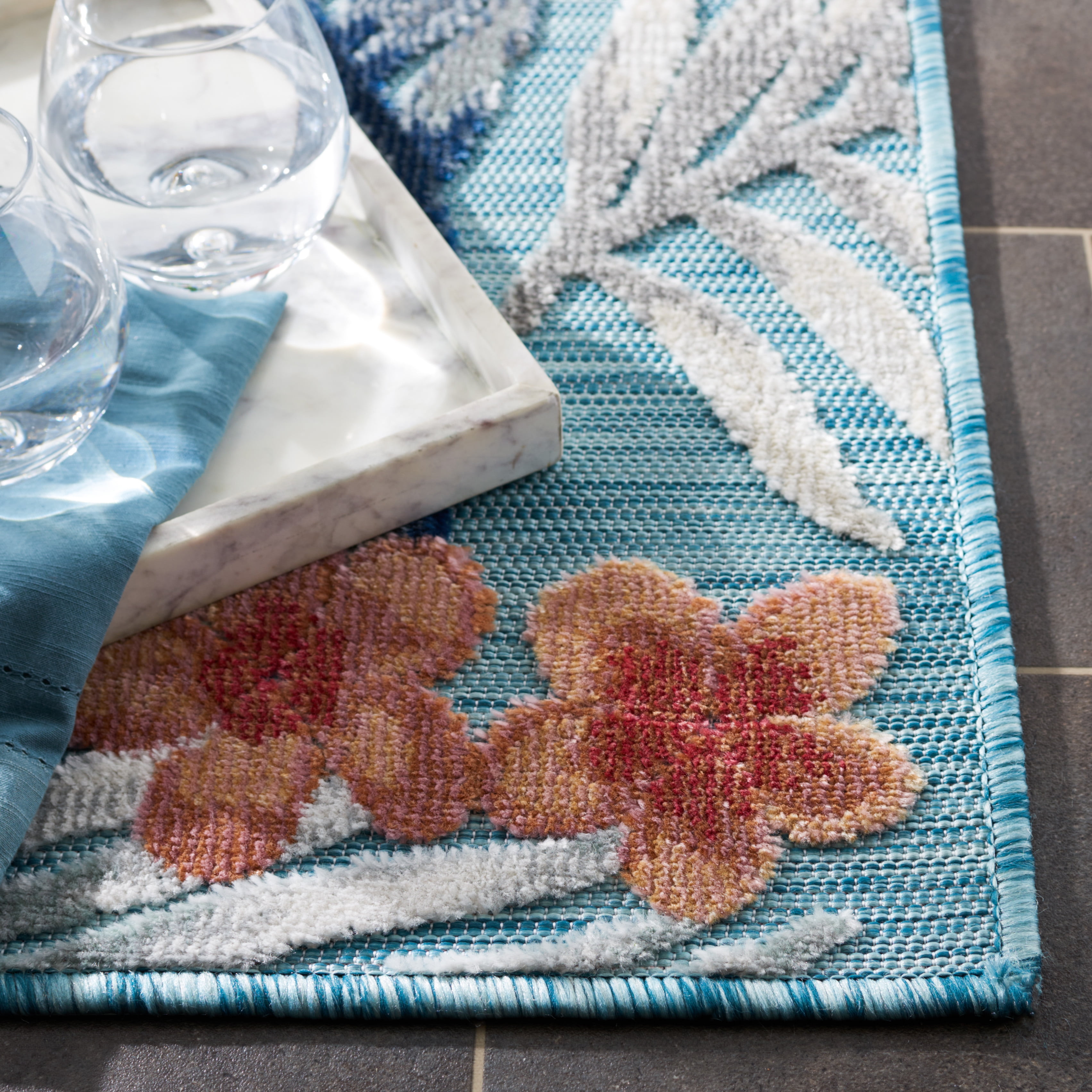 SAFAVIEH Cabana Kade Botanical Indoor/Outdoor Runner Rug, Aqua/Ivory, 2' x 5'
