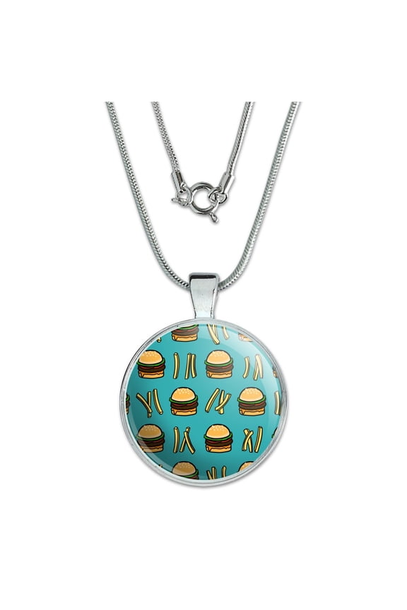 Hamburger and French Fries Pattern 1" Pendant with Sterling Silver Plated Chain