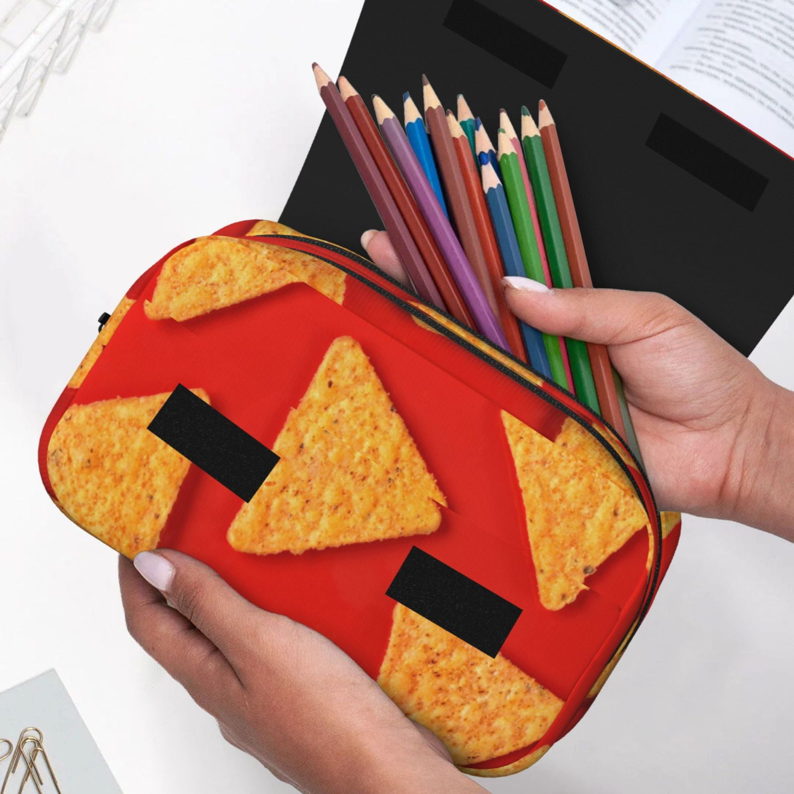 Rateoe Tortilla chips Pattern Double Clamshell Pen Case, Storage Organizer with Two Zipper Compartments– Holds Up to 50 Pencils & Pens