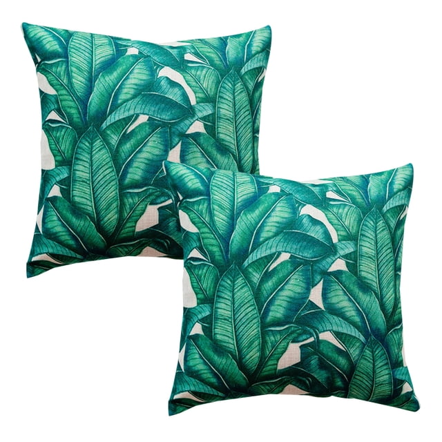2 fundas de cojín de sofá de algodón y cáñamo, funda de almohada con estampado de hojas de selva tropical, funda de cojín para automóvil