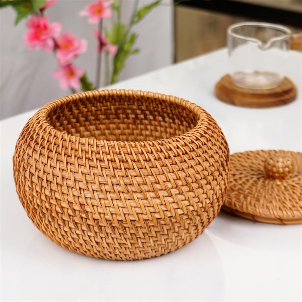 Round Rattan Basket Box with Lid, NOGIS Small Handmade Woven Storage Basket, Multi-purpose Wicker Bowl Decorative Organizer for Shelf, Home, Bathroom Decor（Style A）