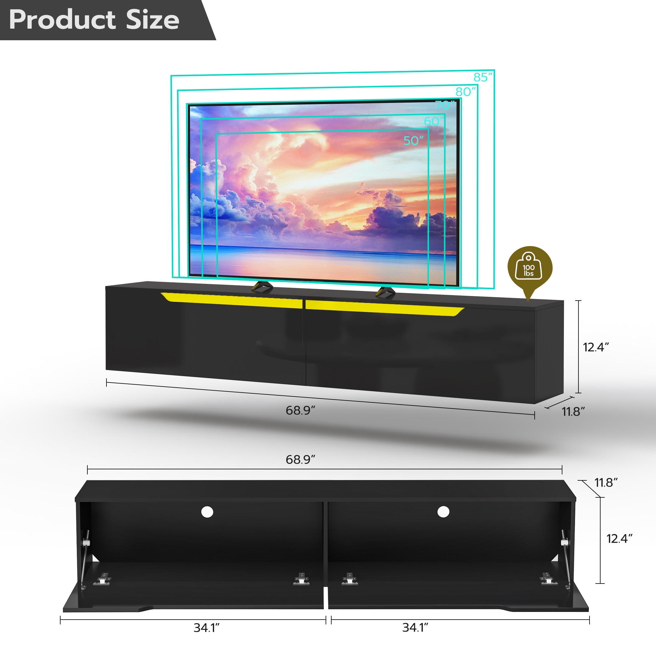 SIKHST LED Floating TV Stand Wall Mounted for 85 inch TV, Media Entertainment Center Console Table with Storage Cabinet for Living Room,Black