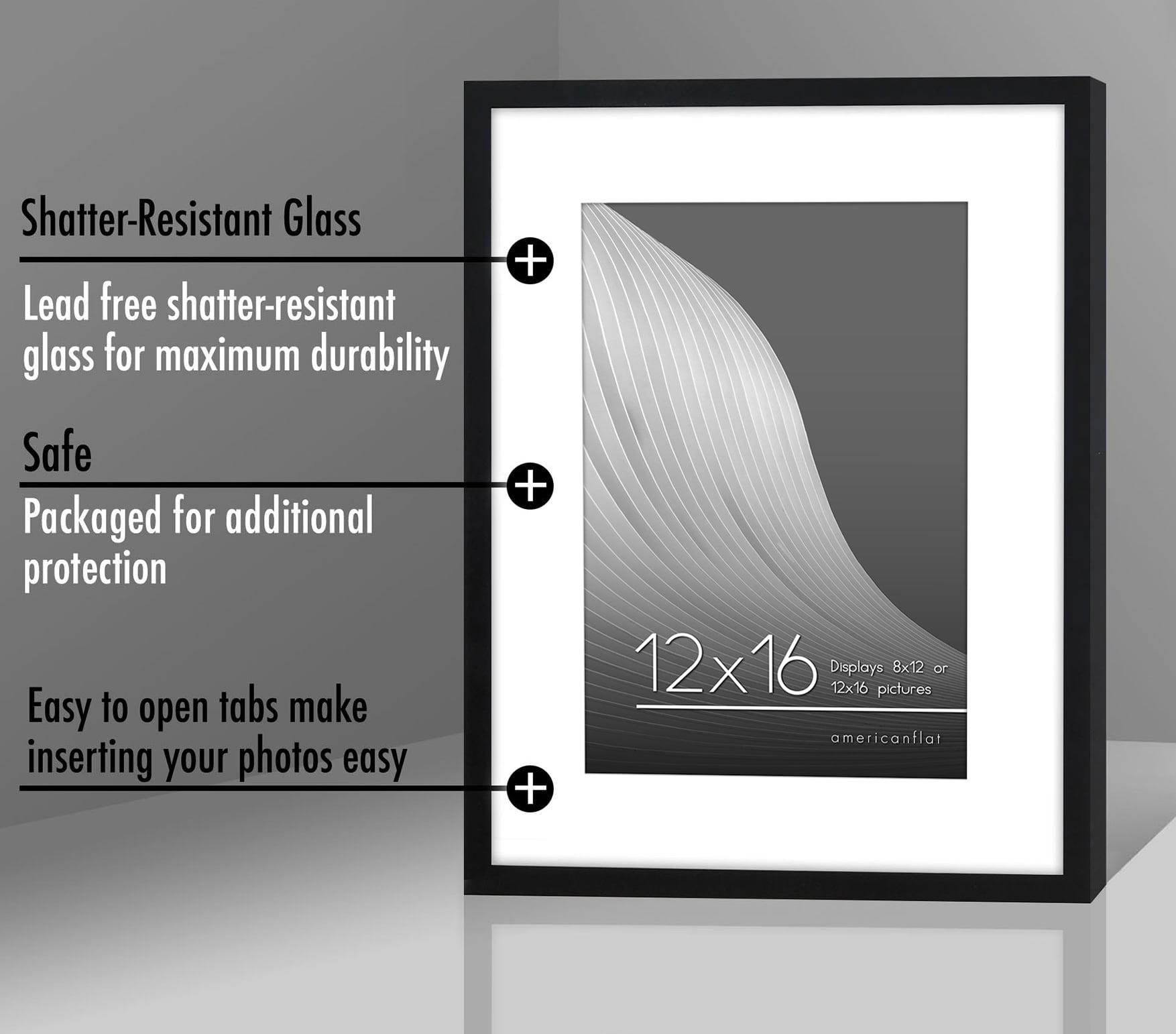Americanflat 12x16 Picture Frame with Mat for 8x12, Plastic and plexiglass, Black