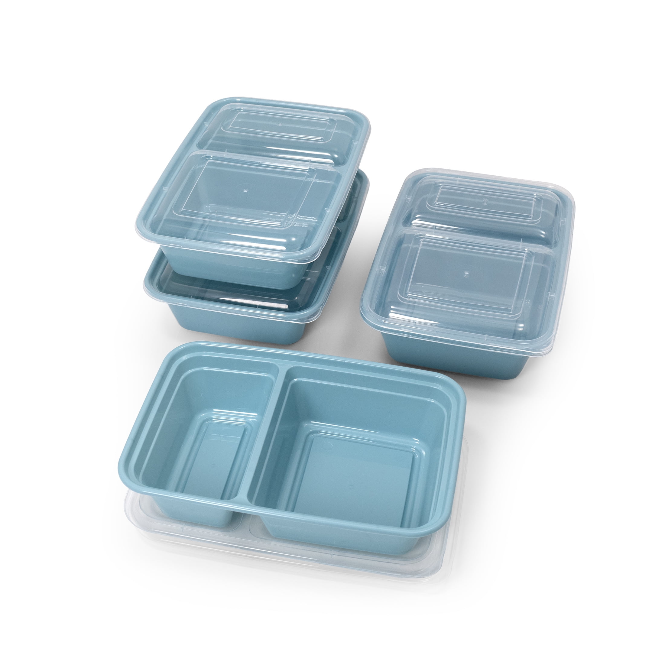 Mainstays 5-Pack 2-Compartment BPA-Free Plastic Meal Prep Food Storage Containers, 0.9L, Blue Cameo
