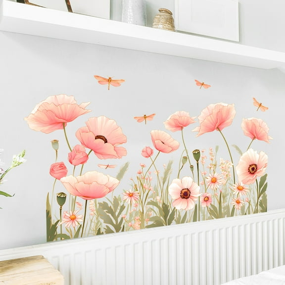 Pink Flowers Wall Stickers Plants Decals Vinyl Peel and Stick Bedroom Living Room Background Wall Art Decor 23.6x35inch