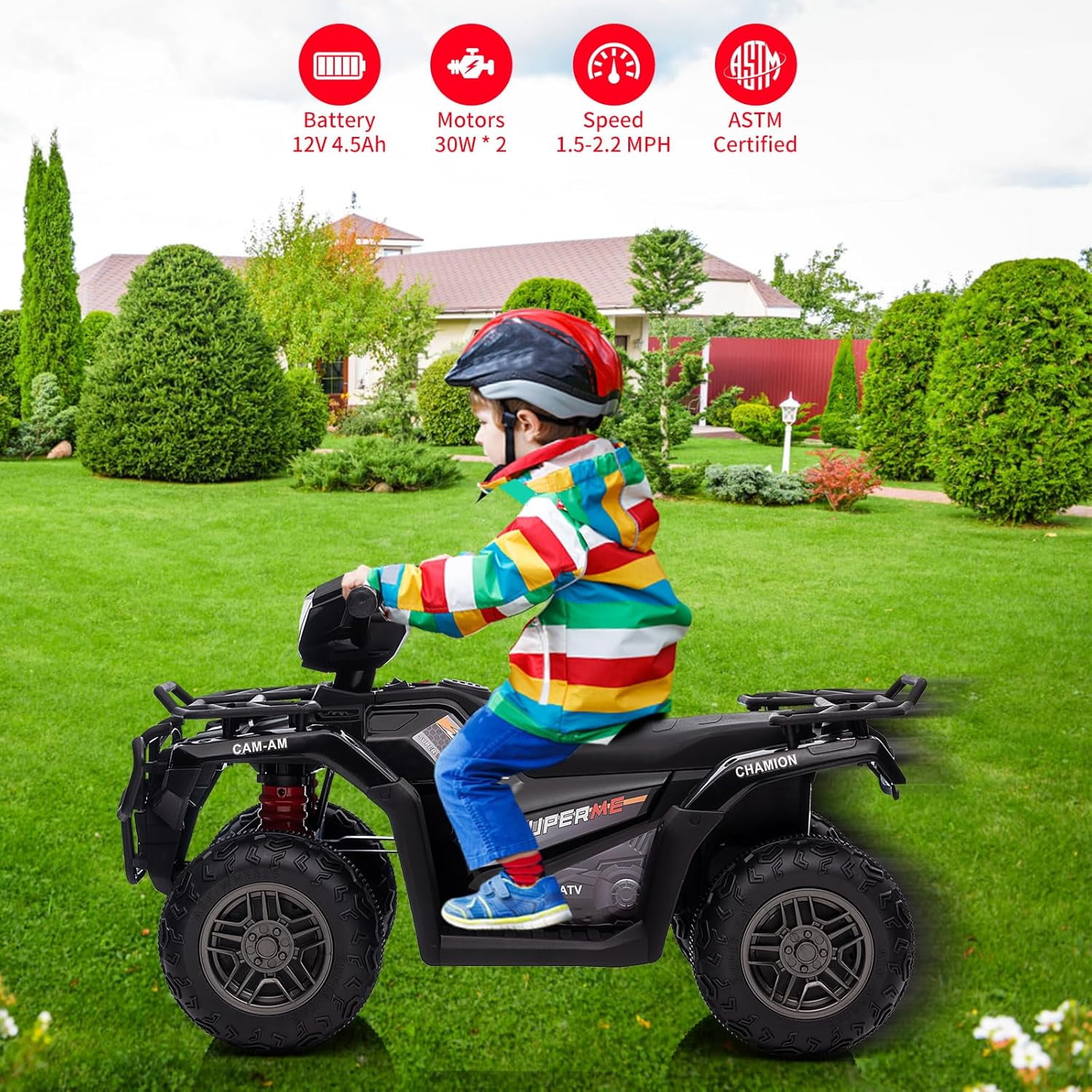 Acekid 12V Ride on ATV High/Low Variable Speed Ride on Electric Vehicle with LED Light Music USB 1.5-2.2mph Safety Speed Black
