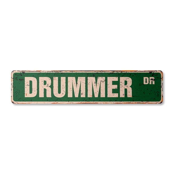 DRUMMER Vintage Plastic Street Sign drum sticks cymbal music band | Indoor/Outdoor |  24" Wide