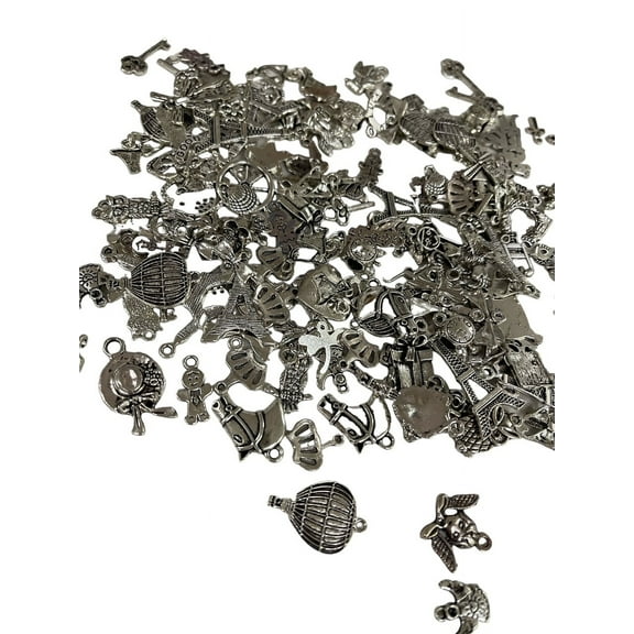 CHARMED LOT OF 100 PIECES SILVER METAL CHARMS JEWELRY MAKING BRACELACE ART & CRAFT