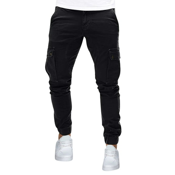 Njoeus Mens Cargo Pants Mens Work Pants Casual Men's Retractable Pants Cargo Pocket Lace-Up Casual Leggings Full Length Pants Casual On Clearance