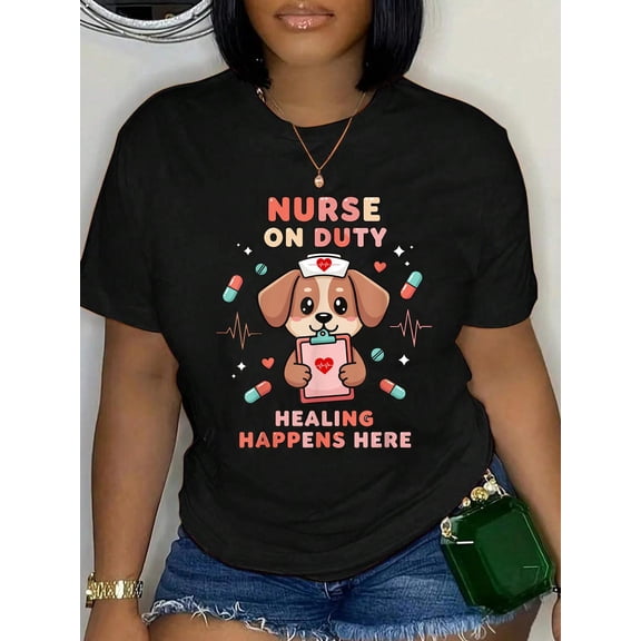 Cotton Nurse On Duty Funny Dog Lover RN Pet Nurse Humor Medical T-Shirt Women's Graphic Tee Casual Tops