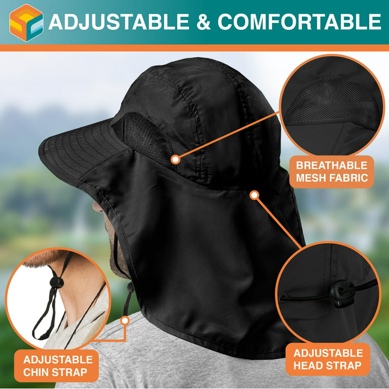 Men's Sun Hat with Neck Flap, Wide Brim Fishing Safari Hiking Hat, UPF 50+  Protection, Adjustable Chin Strap 